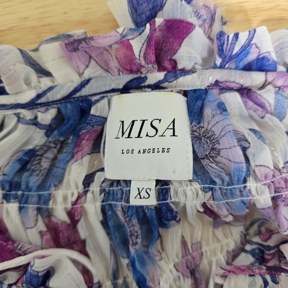 MISA Los Angeles Floral Print Ruffle Neck Dress XS Metallic Sheer - Picture 4 of 11